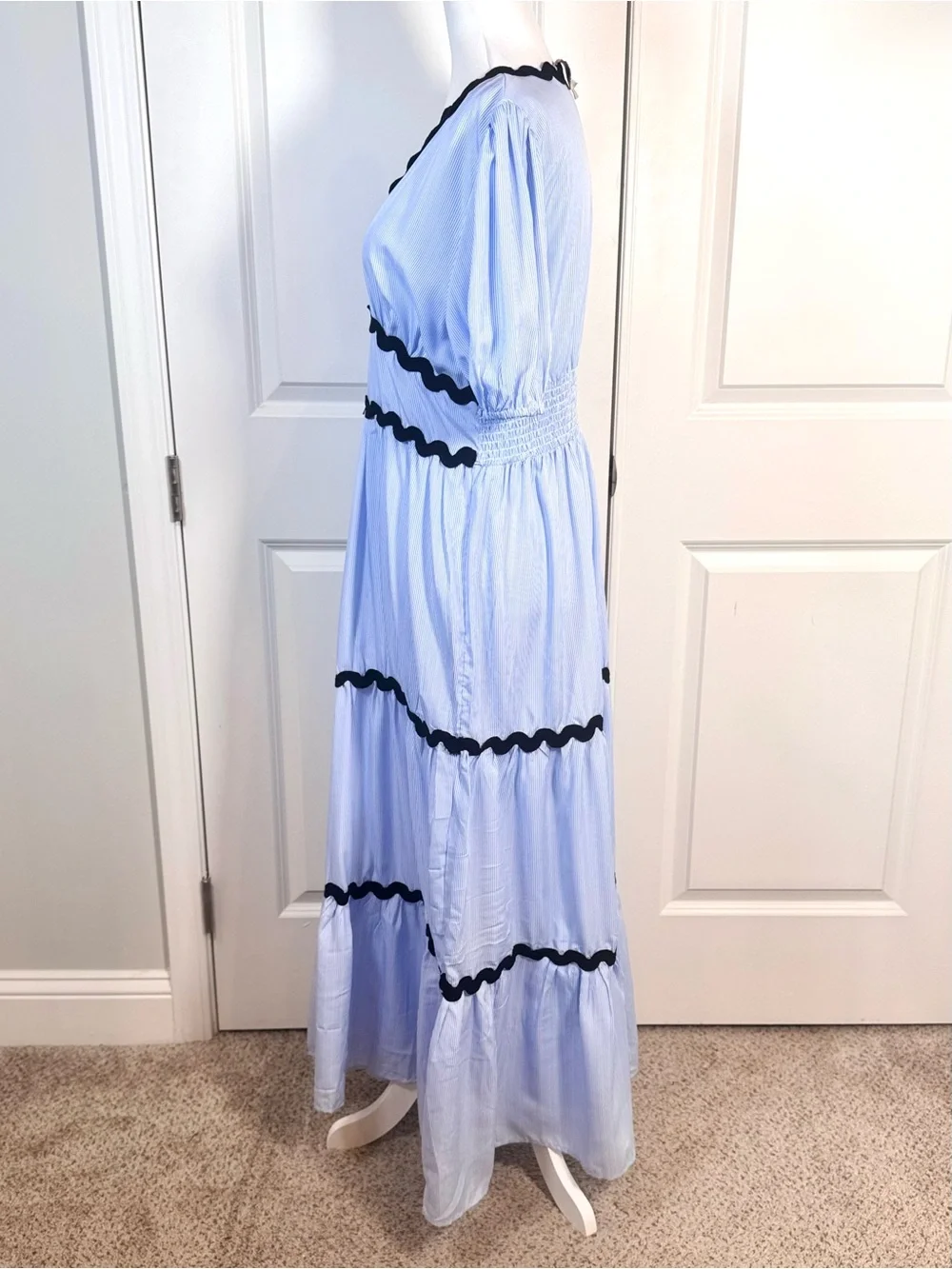 Blue Stripe Ric Rac Maxi Dress L Boho Prairie Coastal Cottage Tiered Truly 4 You